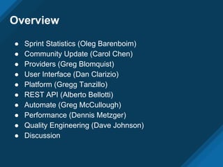 Overview
● Sprint Statistics (Oleg Barenboim)
● Community Update (Carol Chen)
● Providers (Greg Blomquist)
● User Interfac...