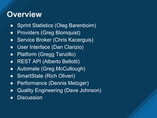Overview
● Sprint Statistics (Oleg Barenboim)
● Providers (Greg Blomquist)
● Service Broker (Chris Kacerguis)
● User Inter...