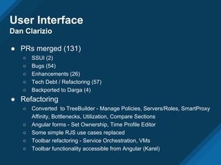 User Interface
Dan Clarizio
● PRs merged (131)
○ SSUI (2)
○ Bugs (54)
○ Enhancements (26)
○ Tech Debt / Refactoring (57)
○ Backported to Darga (4)
● Refactoring
○ Converted to TreeBuilder - Manage Policies, Servers/Roles, SmartProxy
Affinity, Bottlenecks, Utilization, Compare Sections
○ Angular forms - Set Ownership, Time Profile Editor
○ Some simple RJS use cases replaced
○ Toolbar refactoring - Service Orchestration, VMs
○ Toolbar functionality accessible from Angular (Karel)
 