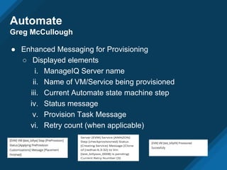 Automate
Greg McCullough
● Enhanced Messaging for Provisioning
○ Displayed elements
i. ManageIQ Server name
ii. Name of VM/Service being provisioned
iii. Current Automate state machine step
iv. Status message
v. Provision Task Message
vi. Retry count (when applicable)
 