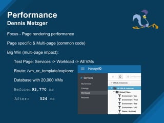 Performance
Dennis Metzger
Focus - Page rendering performance
Page specific & Multi-page (common code)
Big Win (multi-page impact):
Test Page: Services -> Workload -> All VMs
Route: /vm_or_template/explorer
Database with 20,000 VMs
Before:93,770 ms
After: 524 ms
 