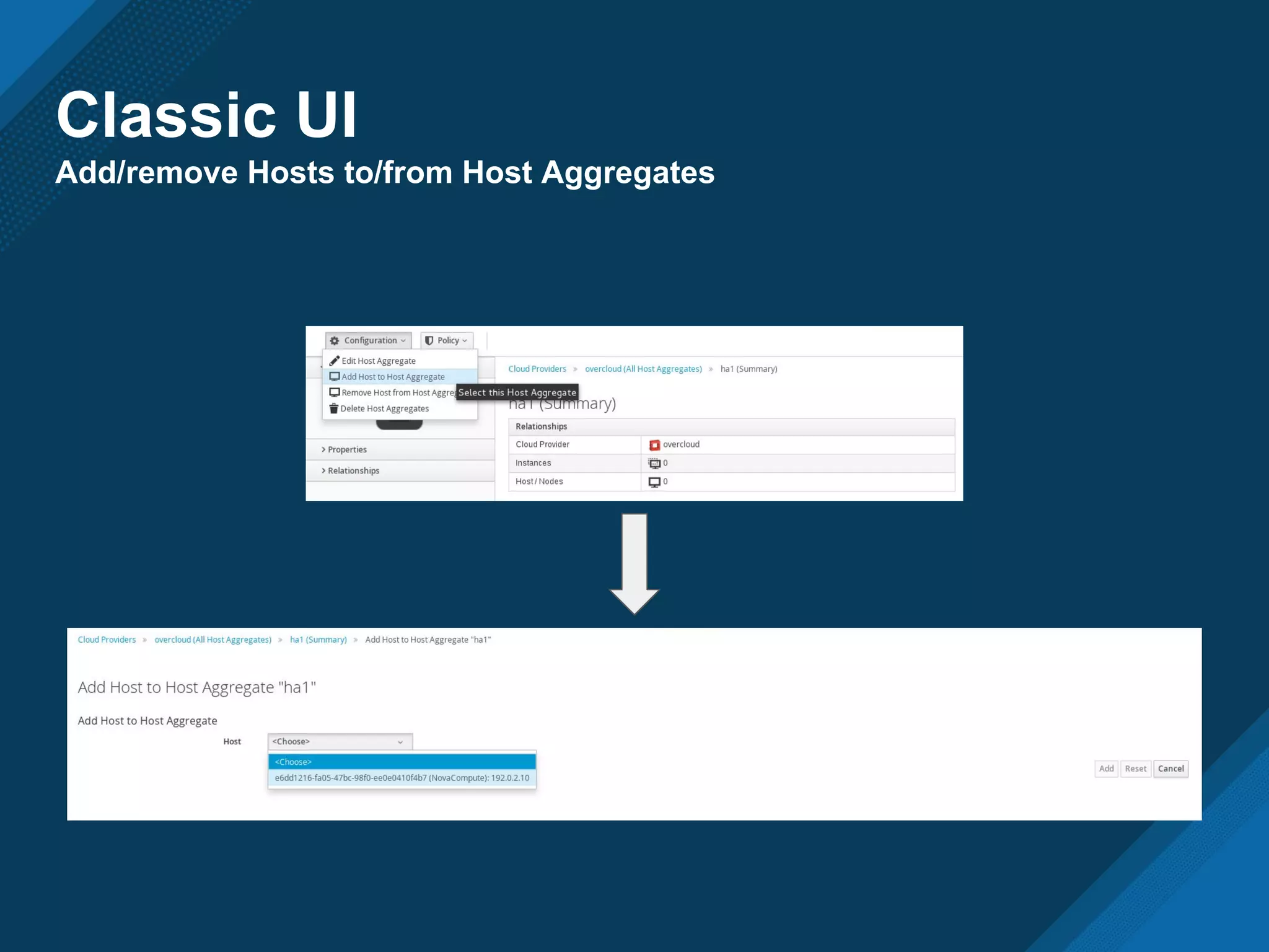 Classic UI
Add/remove Hosts to/from Host Aggregates
 
