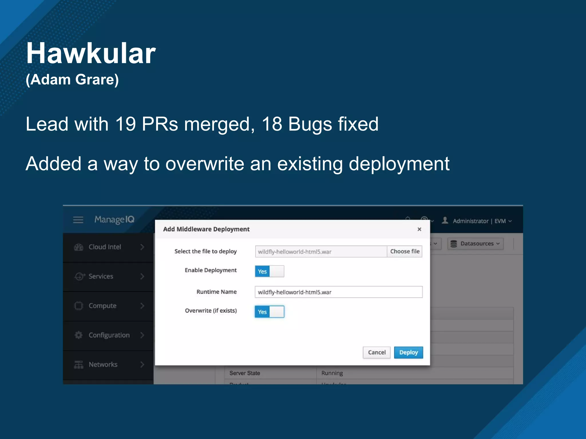 Hawkular
(Adam Grare)
Lead with 19 PRs merged, 18 Bugs fixed
Added a way to overwrite an existing deployment
 