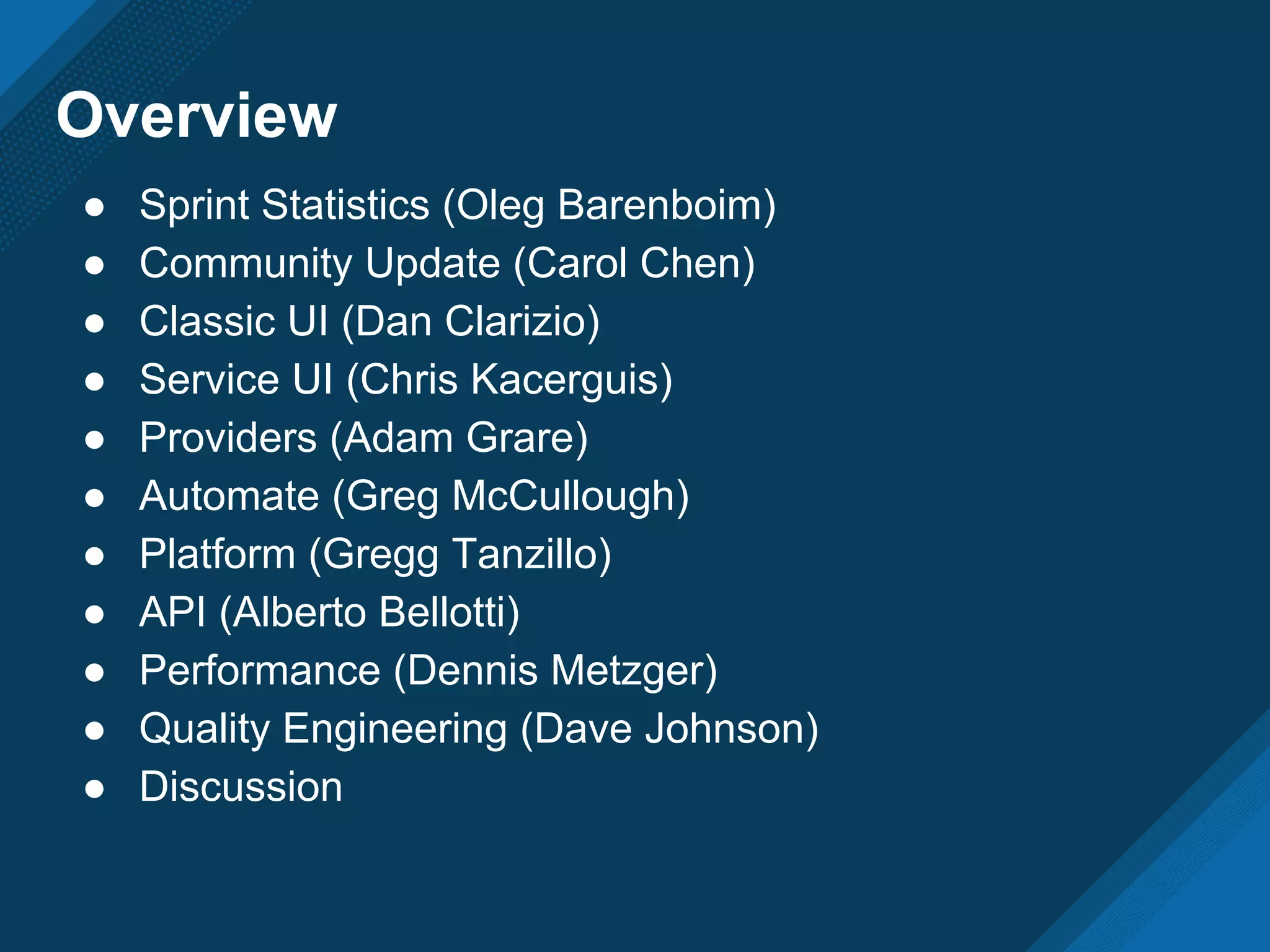 Overview
● Sprint Statistics (Oleg Barenboim)
● Community Update (Carol Chen)
● Classic UI (Dan Clarizio)
● Service UI (Chris Kacerguis)
● Providers (Adam Grare)
● Automate (Greg McCullough)
● Platform (Gregg Tanzillo)
● API (Alberto Bellotti)
● Performance (Dennis Metzger)
● Quality Engineering (Dave Johnson)
● Discussion
 