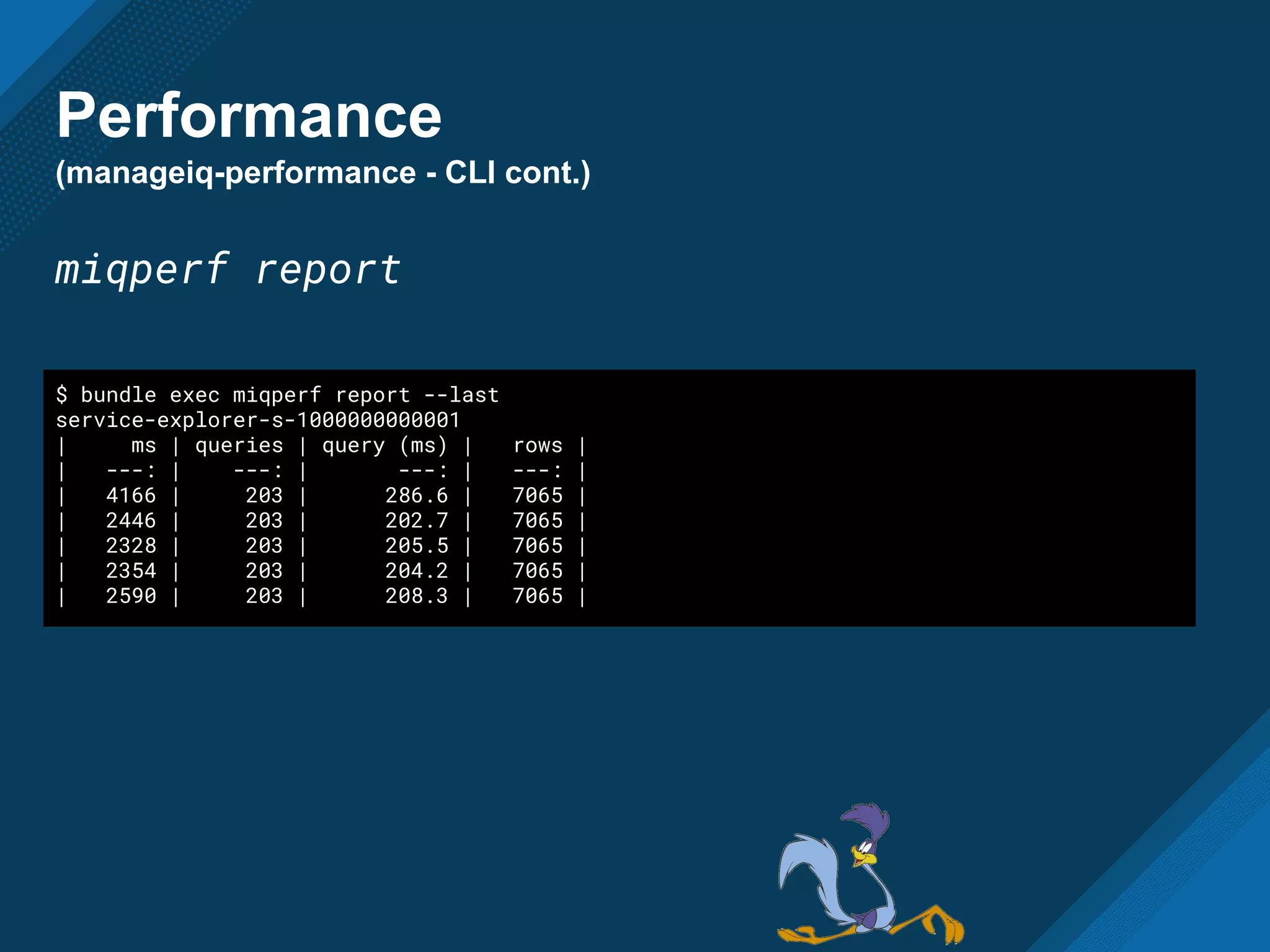 Performance
(manageiq-performance - CLI cont.)
miqperf report
$ bundle exec miqperf report --last
service-explorer-s-1000000000001
| ms | queries | query (ms) | rows |
| ---: | ---: | ---: | ---: |
| 4166 | 203 | 286.6 | 7065 |
| 2446 | 203 | 202.7 | 7065 |
| 2328 | 203 | 205.5 | 7065 |
| 2354 | 203 | 204.2 | 7065 |
| 2590 | 203 | 208.3 | 7065 |
 