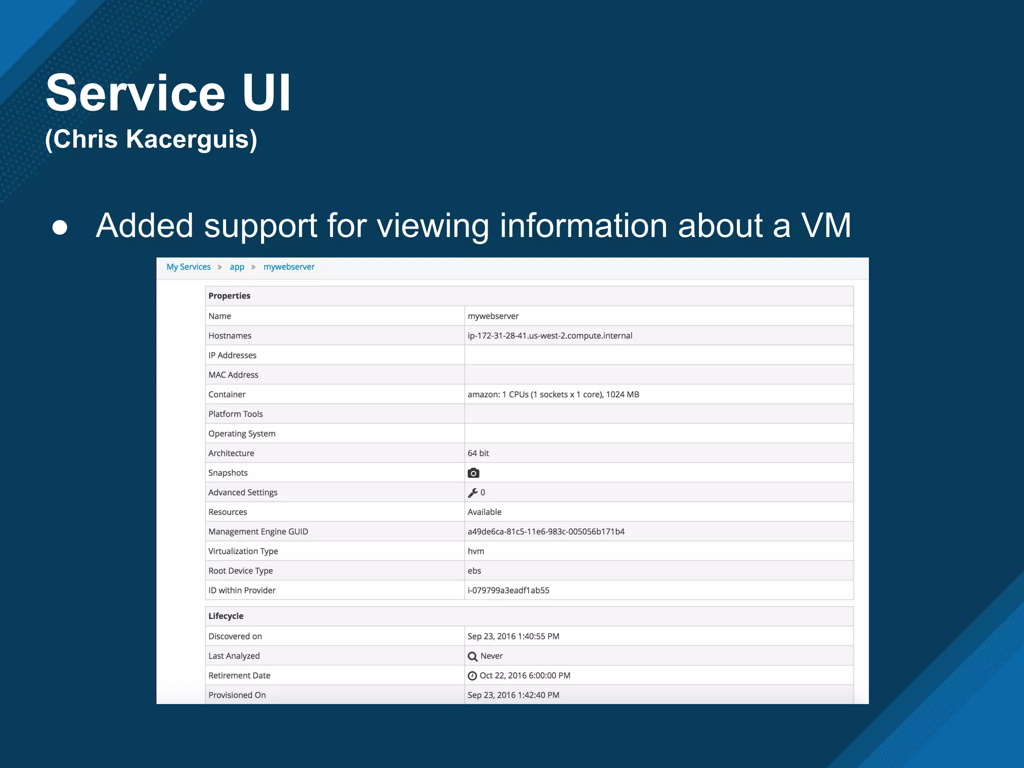Service UI
(Chris Kacerguis)
● Added support for viewing information about a VM
 