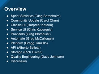 Overview
● Sprint Statistics (Oleg Barenboim)
● Community Update (Carol Chen)
● Classic UI (Harpreet Kataria)
● Service UI...