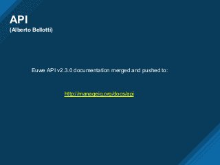 API
(Alberto Bellotti)
Euwe API v2.3.0 documentation merged and pushed to:
http://manageiq.org/docs/api
 