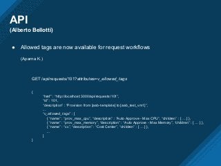 API
(Alberto Bellotti)
● Allowed tags are now available for request workflows
(Aparna K.)
GET /api/requests/101?attributes=v_allowed_tags
{
“href” : “http://localhost:3000/api/requests/101”,
“id” : 101,
“description” : “Provision from [aab-template] to [aab_test_vm1]”,
...
“v_allowed_tags” : [
{ “name” : “prov_max_cpu”, “description” : “Auto Approve - Max CPU”, “children” : [ … ] },
{ “name” : “prov_max_memory”, “description” : “Auto Approve - Max Memory”, “children” : [ … ] },
{ “name” : “cc”, “description” : “Cost Center”, “children” : [ … ] },
...
]
}
 
