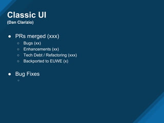 Classic UI
● Bug Fixes
○ UI support to add and remove Network Router Interfaces
○ Enable provisioning of instances from Providers view
○ Merge all timeline accordions under a single tree
○ Bug fixing and clean up for attaching/detaching Openstack Cloud
Volumes to Instances (to only list volumes that are in an available state)
○ Filter Recent VMs/Hosts charts by provider on Infra provider dashboard
○ Enforce Policy Event to at least have one action assigned to it
○ Some I18N related fixes.
○ Fixed Check Compliance button for Providers
 
