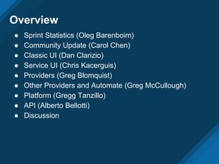 Overview
● Sprint Statistics (Oleg Barenboim)
● Community Update (Carol Chen)
● Classic UI (Dan Clarizio)
● Service UI (Ch...