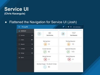 Service UI
(Chris Kacerguis)
● Flattened the Navigation for Service UI (Josh)
 