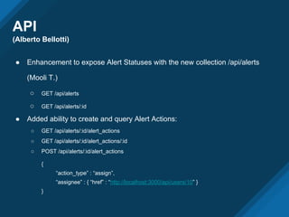 API
(Alberto Bellotti)
● Enhancement to expose Alert Statuses with the new collection /api/alerts
(Mooli T.)
○ GET /api/alerts
○ GET /api/alerts/:id
● Added ability to create and query Alert Actions:
○ GET /api/alerts/:id/alert_actions
○ GET /api/alerts/:id/alert_actions/:id
○ POST /api/alerts/:id/alert_actions
{
“action_type” : “assign”,
“assignee” : { “href” : “http://localhost:3000/api/users/10” }
}
 