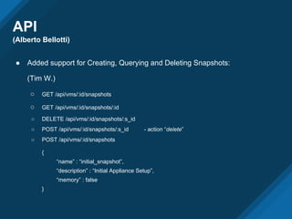 API
(Alberto Bellotti)
● Added support for Creating, Querying and Deleting Snapshots:
(Tim W.)
○ GET /api/vms/:id/snapshots
○ GET /api/vms/:id/snapshots/:id
○ DELETE /api/vms/:id/snapshots/:s_id
○ POST /api/vms/:id/snapshots/:s_id - action “delete”
○ POST /api/vms/:id/snapshots
{
“name” : “initial_snapshot”,
“description” : “Initial Appliance Setup”,
“memory” : false
}
 