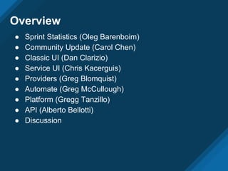 Overview
● Sprint Statistics (Oleg Barenboim)
● Community Update (Carol Chen)
● Classic UI (Dan Clarizio)
● Service UI (Chris Kacerguis)
● Providers (Greg Blomquist)
● Automate (Greg McCullough)
● Platform (Gregg Tanzillo)
● API (Alberto Bellotti)
● Discussion
 