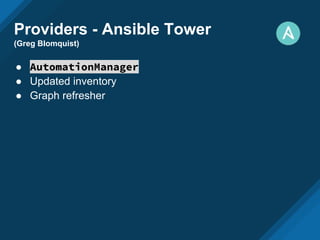 Providers - Ansible Tower
(Greg Blomquist)
● AutomationManager
● Updated inventory
● Graph refresher
 