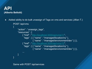 API
(Alberto Bellotti)
● Added ability to do bulk unassign of Tags on vms and services (Jillian T.)
POST /api/vms
{
“action” : “unassign_tags”,
“resources” : [
{ “href” : “http://localhost:3000/api/vms/11”,
“tags” : [ { “name” : “/managed/location/ny” },
{ “name” : “/managed/environment/dev” } ] },
{ “href” : “http://localhost:3000/api/vms/12”,
“tags” : [ { “name” : “/managed/location/ny” },
{ “name” : “/managed/environment/dev” } ] },
...
]
}
Same with POST /api/services
 