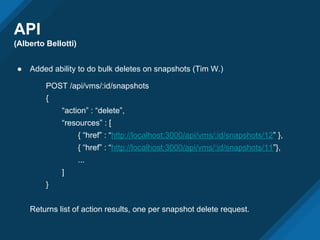 API
(Alberto Bellotti)
● Added ability to do bulk deletes on snapshots (Tim W.)
POST /api/vms/:id/snapshots
{
“action” : “delete”,
“resources” : [
{ “href” : “http://localhost:3000/api/vms/:id/snapshots/12” },
{ “href” : “http://localhost:3000/api/vms/:id/snapshots/11”},
...
]
}
Returns list of action results, one per snapshot delete request.
 