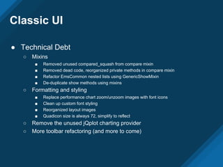 Classic UI
● Technical Debt
○ Mixins
■ Removed unused compared_squash from compare mixin
■ Removed dead code, reorganized private methods in compare mixin
■ Refactor EmsCommon nested lists using GenericShowMixin
■ De-duplicate show methods using mixins
○ Formatting and styling
■ Replace performance chart zoom/unzoom images with font icons
■ Clean up custom font styling
■ Reorganized layout images
■ Quadicon size is always 72, simplify to reflect
○ Remove the unused jQplot charting provider
○ More toolbar refactoring (and more to come)
 
