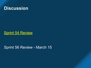 Discussion
Sprint 54 Review
Sprint 56 Review - March 15
 