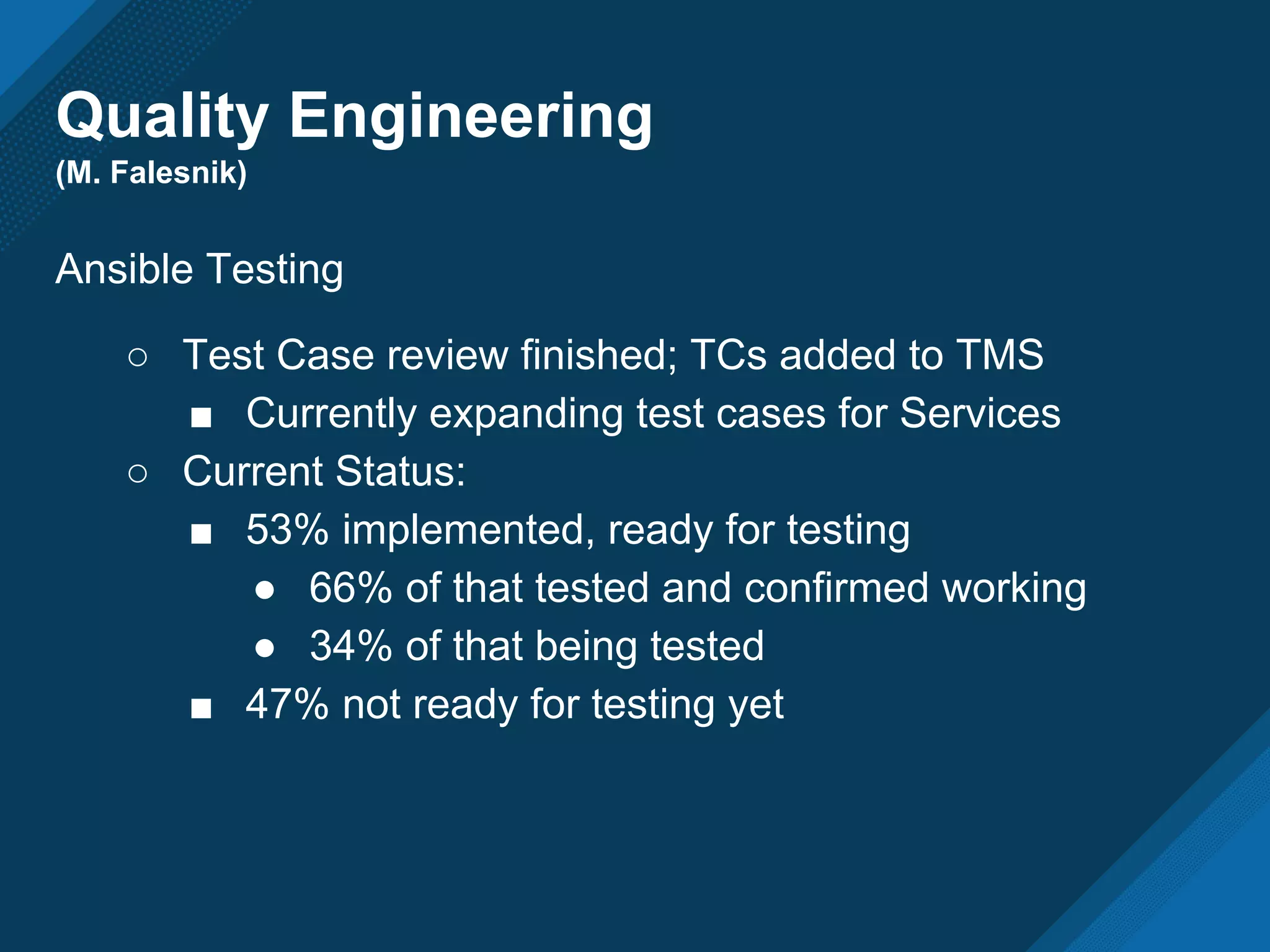 Quality Engineering
(M. Falesnik)
Ansible Testing
○ Test Case review finished; TCs added to TMS
■ Currently expanding test cases for Services
○ Current Status:
■ 53% implemented, ready for testing
● 66% of that tested and confirmed working
● 34% of that being tested
■ 47% not ready for testing yet
 