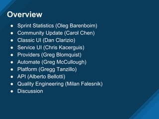 Overview
● Sprint Statistics (Oleg Barenboim)
● Community Update (Carol Chen)
● Classic UI (Dan Clarizio)
● Service UI (Ch...