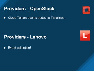 Providers - OpenStack
● Cloud Tenant events added to Timelines
Providers - Lenovo
● Event collection!
 
