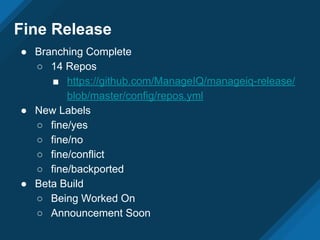 Fine Release
● Branching Complete
○ 14 Repos
■ https://github.com/ManageIQ/manageiq-release/
blob/master/config/repos.yml
● New Labels
○ fine/yes
○ fine/no
○ fine/conflict
○ fine/backported
● Beta Build
○ Being Worked On
○ Announcement Soon
 