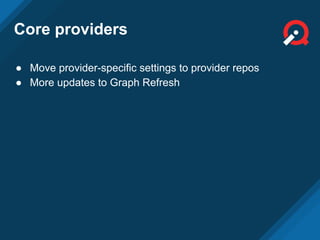 Core providers
● Move provider-specific settings to provider repos
● More updates to Graph Refresh
 