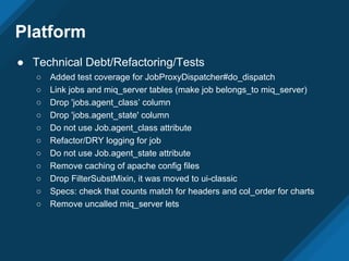 ● Technical Debt/Refactoring/Tests
○ Added test coverage for JobProxyDispatcher#do_dispatch
○ Link jobs and miq_server tables (make job belongs_to miq_server)
○ Drop 'jobs.agent_class’ column
○ Drop 'jobs.agent_state' column
○ Do not use Job.agent_class attribute
○ Refactor/DRY logging for job
○ Do not use Job.agent_state attribute
○ Remove caching of apache config files
○ Drop FilterSubstMixin, it was moved to ui-classic
○ Specs: check that counts match for headers and col_order for charts
○ Remove uncalled miq_server lets
Platform
 