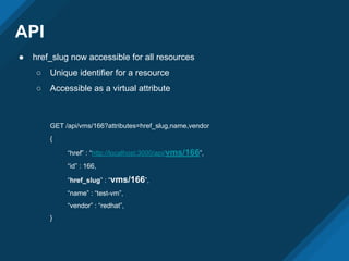API
● href_slug now accessible for all resources
○ Unique identifier for a resource
○ Accessible as a virtual attribute
GET /api/vms/166?attributes=href_slug,name,vendor
{
“href” : “http://localhost:3000/api/vms/166”,
“id” : 166,
“href_slug” : “vms/166”,
“name” : “test-vm”,
“vendor” : “redhat”,
}
 