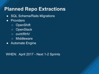 Planned Repo Extractions
● SQL Schema/Rails Migrations
● Providers
○ OpenShift
○ OpenStack
○ ovirt/RHV
○ Middleware
● Automate Engine
WHEN: April 2017 - Next 1-2 Sprints
 