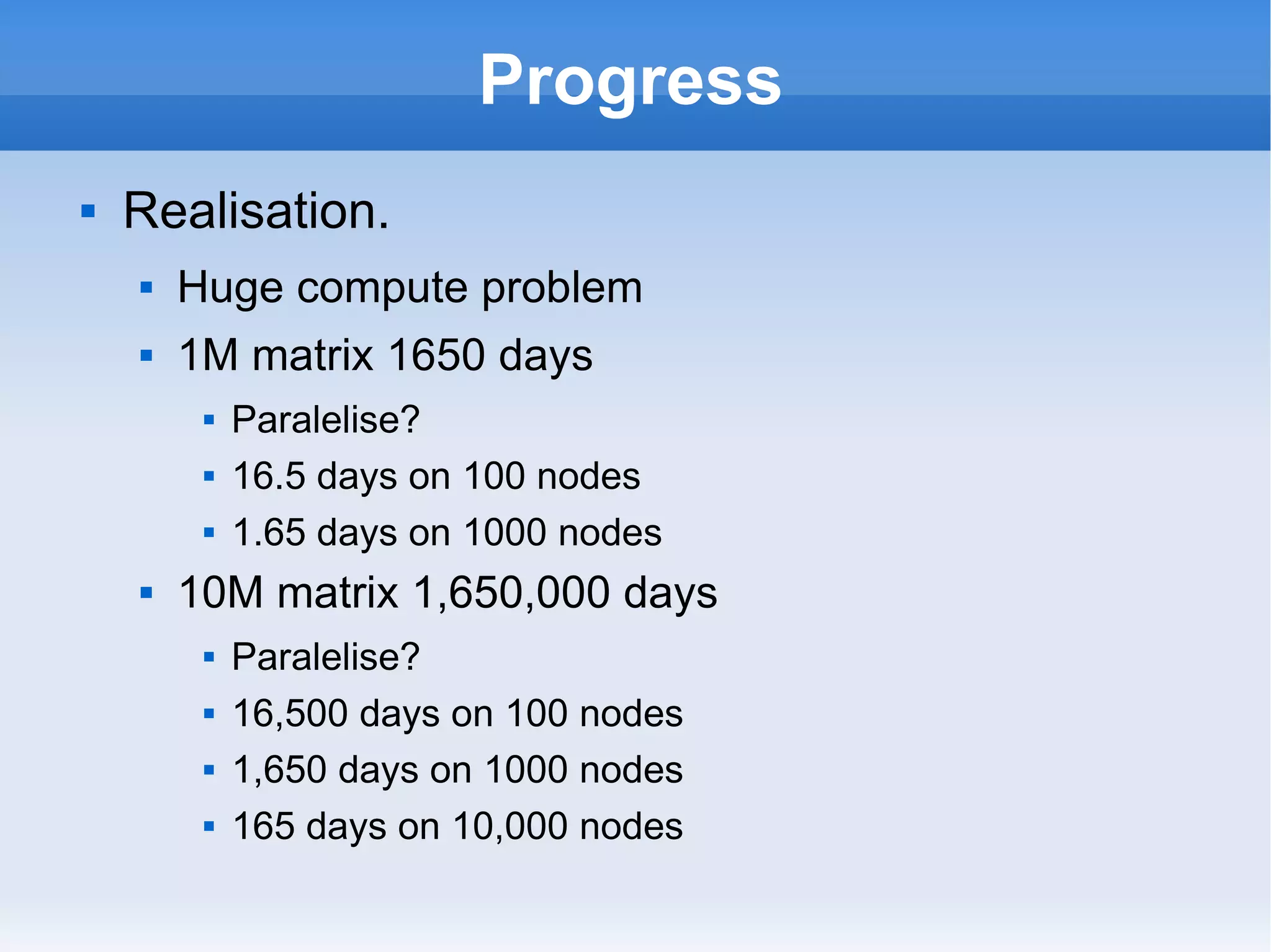 Progress Realisation. Huge compute problem 1M matrix 1650 days Paralelise?  16.5 days on 100 nodes 1.65 days on 1000 nodes 10M matrix 1,650,000 days Paralelise?  16,500 days on 100 nodes 1,650 days on 1000 nodes 165 days on 10,000 nodes 