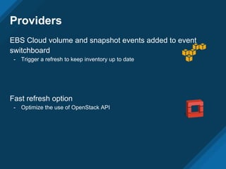 Providers
EBS Cloud volume and snapshot events added to event
switchboard
- Trigger a refresh to keep inventory up to date
Fast refresh option
- Optimize the use of OpenStack API
 