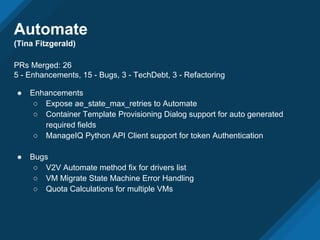 Automate
(Tina Fitzgerald)
PRs Merged: 26
5 - Enhancements, 15 - Bugs, 3 - TechDebt, 3 - Refactoring
● Enhancements
○ Expose ae_state_max_retries to Automate
○ Container Template Provisioning Dialog support for auto generated
required fields
○ ManageIQ Python API Client support for token Authentication
● Bugs
○ V2V Automate method fix for drivers list
○ VM Migrate State Machine Error Handling
○ Quota Calculations for multiple VMs
 