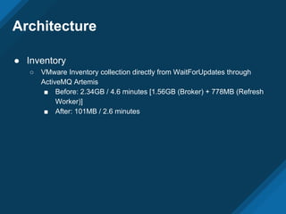 Architecture
● Inventory
○ VMware Inventory collection directly from WaitForUpdates through
ActiveMQ Artemis
■ Before: 2.34GB / 4.6 minutes [1.56GB (Broker) + 778MB (Refresh
Worker)]
■ After: 101MB / 2.6 minutes
 