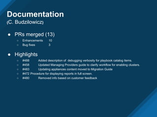 ● PRs merged (13)
○ Enhancements 10
○ Bug fixes 3
● Highlights
○ #488 Added description of debugging verbosity for playbook catalog items.
○ #458 Updated Managing Providers guide to clarify workflow for enabling clusters.
○ #483 Updating appliances content moved to Migration Guide
○ #472 Procedure for displaying reports in full screen.
○ #480 Removed info based on customer feedback
Documentation
(C. Budzilowicz)
 