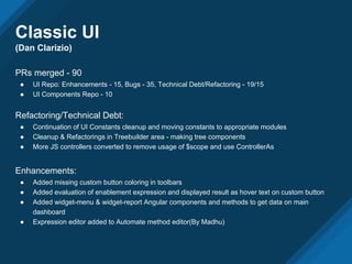 Classic UI
(Dan Clarizio)
PRs merged - 90
● UI Repo: Enhancements - 15, Bugs - 35, Technical Debt/Refactoring - 19/15
● UI Components Repo - 10
Refactoring/Technical Debt:
● Continuation of UI Constants cleanup and moving constants to appropriate modules
● Cleanup & Refactorings in Treebuilder area - making tree components
● More JS controllers converted to remove usage of $scope and use ControllerAs
Enhancements:
● Added missing custom button coloring in toolbars
● Added evaluation of enablement expression and displayed result as hover text on custom button
● Added widget-menu & widget-report Angular components and methods to get data on main
dashboard
● Expression editor added to Automate method editor(By Madhu)
 