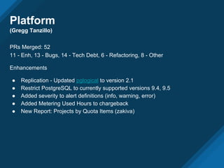 Platform
(Gregg Tanzillo)
PRs Merged: 52
11 - Enh, 13 - Bugs, 14 - Tech Debt, 6 - Refactoring, 8 - Other
Enhancements
● Replication - Updated pglogical to version 2.1
● Restrict PostgreSQL to currently supported versions 9.4, 9.5
● Added severity to alert definitions (info, warning, error)
● Added Metering Used Hours to chargeback
● New Report: Projects by Quota Items (zakiva)
 