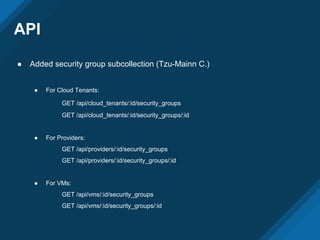 API
● Added security group subcollection (Tzu-Mainn C.)
● For Cloud Tenants:
GET /api/cloud_tenants/:id/security_groups
GET /api/cloud_tenants/:id/security_groups/:id
● For Providers:
GET /api/providers/:id/security_groups
GET /api/providers/:id/security_groups/:id
● For VMs:
GET /api/vms/:id/security_groups
GET /api/vms/:id/security_groups/:id
 