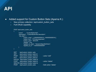 API
● Added support for Custom Button Sets (Aparna K.)
○ New primary collection: /api/custom_button_sets
○ Full CRUD capability
POST /api/custom_button_sets
{
"name" : "CustomButtonSet",
"description" : "CustomButtonSet description",
"set_data": {
"button_order" : [ 10000000000013, 10000000000016 ],
"button_icon" : "ff ff-view-expanded",
"button_color" : "#4727ff",
"display" : true,
"applies_to_class" : "GenericObjectDefinition",
"applies_to_id " : "10000000000050"
}
}
GET /api/custom_button_sets
GET /api/custom_button_sets/:id
POST /api/custom_button_sets/:id - action “edit”
PUT /api/custom_button_sets/:id
PATCH /api/custom_button_sets/:id
POST /api/custom_button_sets/:id - action “delete”
DELETE /api/custom_button_sets/:id
POST /api/custom_button_sets - Bulk action “delete”
 