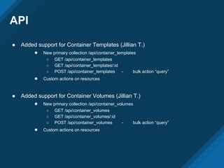 API
● Added support for Container Templates (Jillian T.)
● New primary collection /api/container_templates
○ GET /api/container_templates
○ GET /api/container_templates/:id
○ POST /api/container_templates - bulk action “query”
● Custom actions on resources
● Added support for Container Volumes (Jillian T.)
● New primary collection /api/container_volumes
○ GET /api/container_volumes
○ GET /api/container_volumes/:id
○ POST /api/container_volumes - bulk action “query”
● Custom actions on resources
 