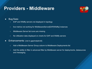 Providers - Middleware
● Bug fixes:
○ EAP and Wildfly servers not displayed in topology
○ live metrics not working for MiddlewareServer[EAP|Wildfly] instances
○ Middleware Server list icons are missing
○ No Utilization data displayed on charts for EAP and Wildfly servers
● Enhancements: (not in gaprindashvili)
○ Add a Middleware Server Group column to Middleware Deployments list
○ Add the ability to filter in advanced filter by Middleware server for deployments, datasources
and messaging
 