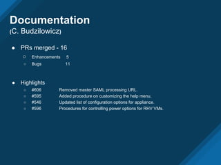 ● PRs merged - 16
○ Enhancements 5
○ Bugs 11
● Highlights
○ #606 Removed master SAML processing URL.
○ #595 Added procedure on customizing the help menu.
○ #546 Updated list of configuration options for appliance.
○ #596 Procedures for controlling power options for RHV VMs.
Documentation
(C. Budzilowicz)
 