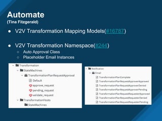 Automate
(Tina Fitzgerald)
● V2V Transformation Mapping Models(#16787)
● V2V Transformation Namespace(#244)
○ Auto Approval Class
○ Placeholder Email Instances
 