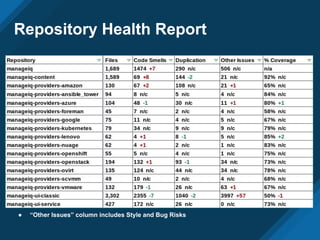 Repository Health Report
● “Other Issues” column includes Style and Bug Risks
 