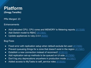 Platform
(Gregg Tanzillo)
PRs Merged: 23
Enhancements
● Add allocated CPU, CPU cores and MEMORY to Metering reports (#17938)
● Add Switch model to RBAC (#17964)
● Update appliances to ruby 2.4.4 (#280)
Bug Fixes
● Fixed error with replication setup when default exclude list used (#17999)
● Prevent queueing things for a zone that doesn't exist in the region (#17987)
● Establish a new connection instead of reconnect! (#18010)
● Add replication set-up methods to be queued on UI side (#17956)
● Don't log any deprecations anywhere in production mode (#17957)
● Added access to MyTasks to self_service roles (#18006)
 