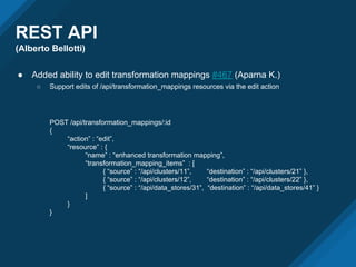 REST API
(Alberto Bellotti)
● Added ability to edit transformation mappings #467 (Aparna K.)
○ Support edits of /api/transformation_mappings resources via the edit action
POST /api/transformation_mappings/:id
{
“action” : “edit”,
“resource” : {
“name” : “enhanced transformation mapping”,
“transformation_mapping_items” : [
{ “source” : “/api/clusters/11”, “destination” : “/api/clusters/21” },
{ “source” : “/api/clusters/12”, “destination” : “/api/clusters/22” },
{ “source” : “/api/data_stores/31”, “destination” : “/api/data_stores/41” }
]
}
}
 