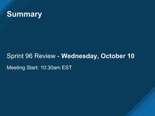 Summary
Sprint 96 Review - Wednesday, October 10
Meeting Start: 10:30am EST
 