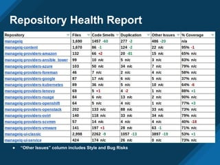 Repository Health Report
● “Other Issues” column includes Style and Bug Risks
 